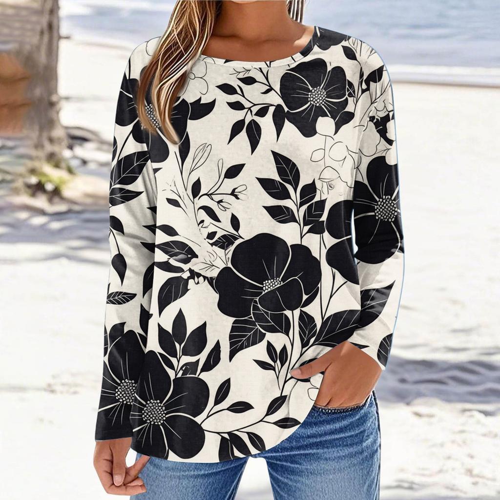 Women's Fashionable Casual Printed Long Sleeved Round Neck Top Round Neck Top Top