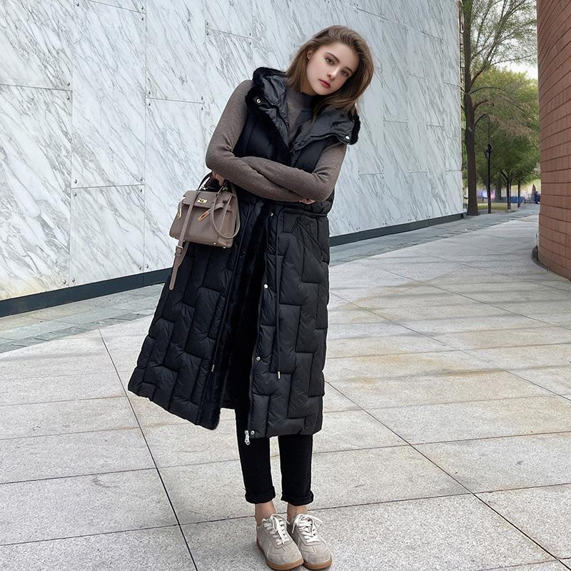 Herbst Winter Kapuzen Damen Daunen Baumwolle Jacke Weste Taillenlänge Über dem Knie Mode Verdickt Damen Weste