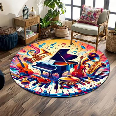 Colorful Musical Instruments Design Print Round Rug, Living Room, Bedroom, Playroom Carpet, Non Slip Floor Mat, Gift