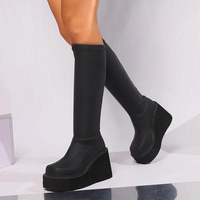 Mode 2024 Hochwertige Damen Schuhe Slipper Damenstiefel Mode Runde Zehenpartie Moderne Stiefel Neu Uni Übergröße Keil Kniehoch Zapatos