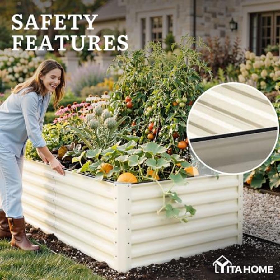 8x4x2ft Large Raised Garden Bed Kit Galvanized Metal Planter Box with Gloves Support Rod Safety Rubber Outdoor Above Ground Pla