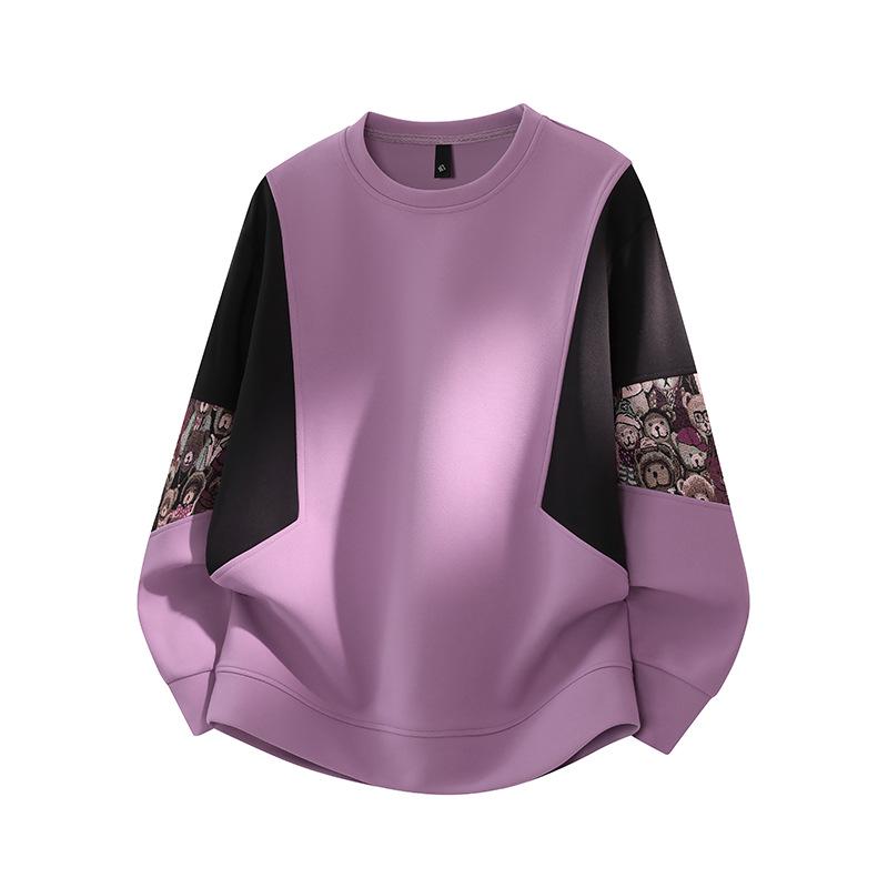 ACU Menswear Fleece-Lined Men's Sweatshirt - Autumn/Winter 2026, Bear Sleeve Patchwork, Jacquard, Round Neck, Color Block Design