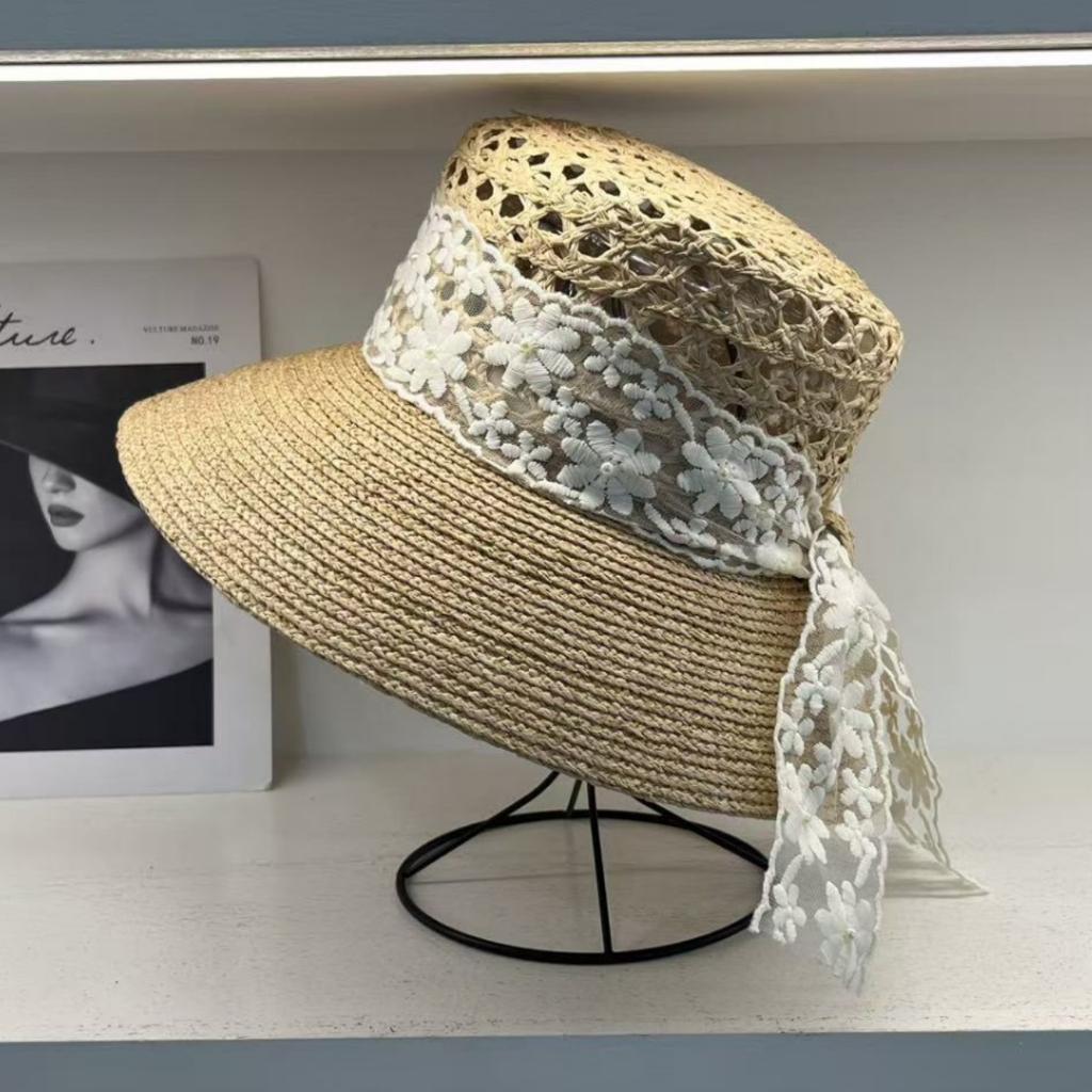 French lace bow raffia big edge sun protection straw hat women's summer travel shade seaside vacation beach hat