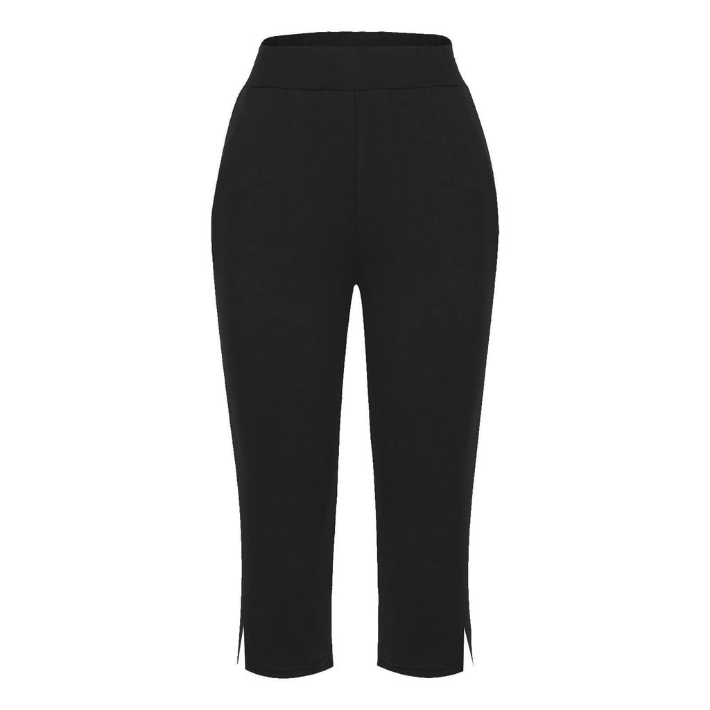 Women  Elastic High Waist 3/4 Pant Casual Active  Fit Wide Capris Leg Pants Trousers With Pockets