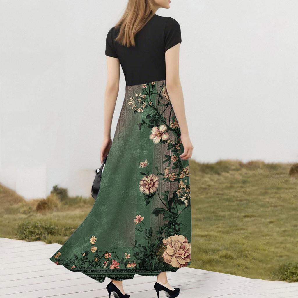 Women's Fashion Casual Loose Printed Round Neck Short Sleeve Long Dresses Short Sleeve Long Dresses