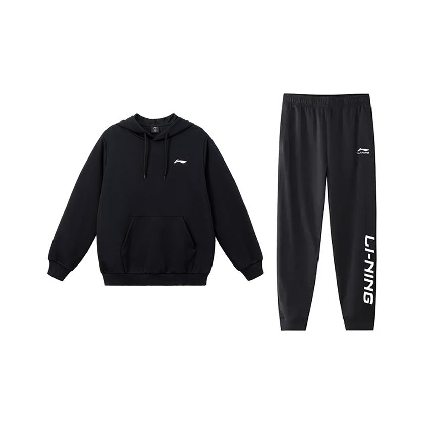 LiNing Plain Simple Loose Comfortable Versatile Hooded Pullover Sweatshirt Casual Sports Suit Unisex Sweatshirt Black YWDV383-1+YKLV227-1