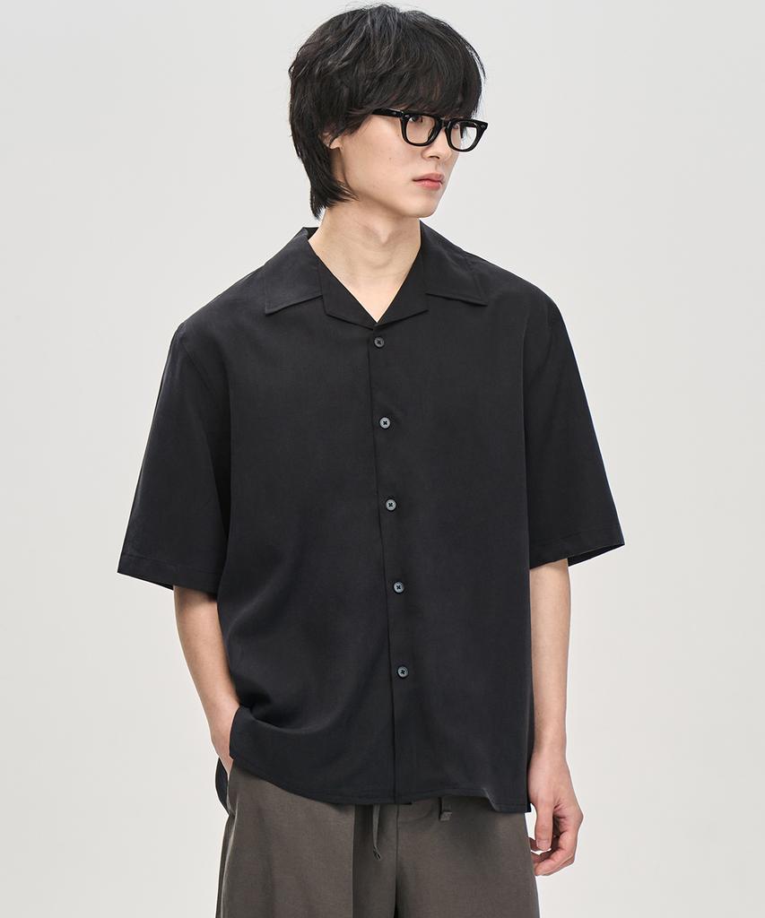 PRAIRIE Linen Open Collar Short Sleeve Shirt (Black)