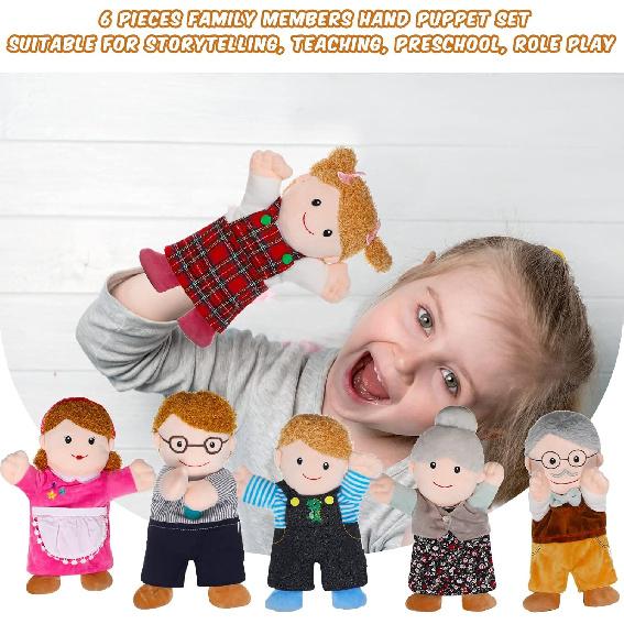 6 Pieces Hand Puppet Set 11.8 Inch Family Members Puppets Soft Plush Hand Puppets Mother, Father, Son, Daughter and Grandparents for Storytelling,