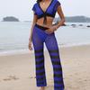 Women's Beach Patchwork Sexy Deep V Lace Up Top Micro Flared Pants Two Piece Set
