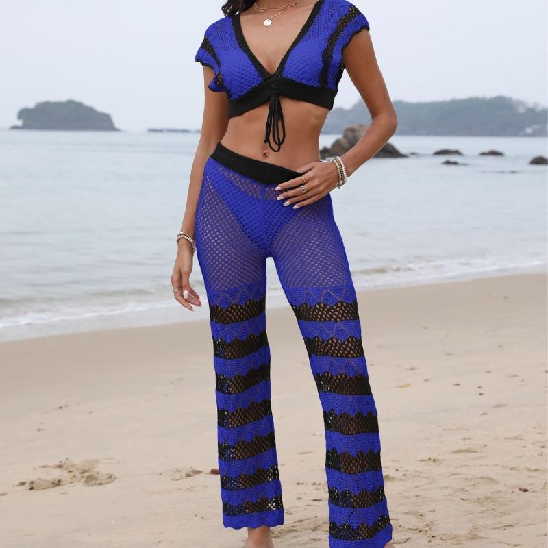 Women's Beach Patchwork Sexy Deep V Lace Up Top Micro Flared Pants Two Piece Set