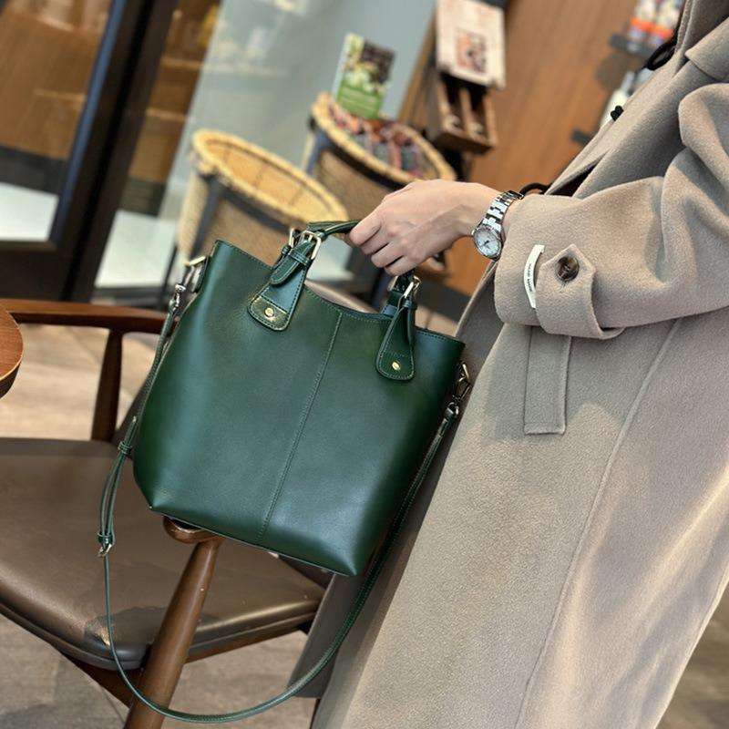 Classic Versatile Vegetable Basket Bucket Bag Genuine Leather Large Capacity Vegetable Tanned Soft Cowhide One-shoulder Handbag