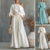 Damen Baumwolle Leinen 2-teilige Sets Lässiges One-Shoulder-Oberteil mit halbem Ärmel und Weitbeinige Hosen Sommerurlaub Lounge-Outfits