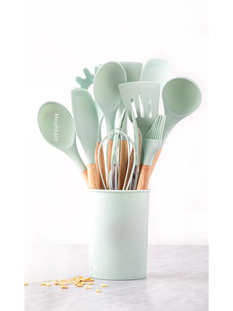 12-Piece Silicone Kitchenware Set with Wooden Handles: Non-Stick Cooking Spatulas and Tools