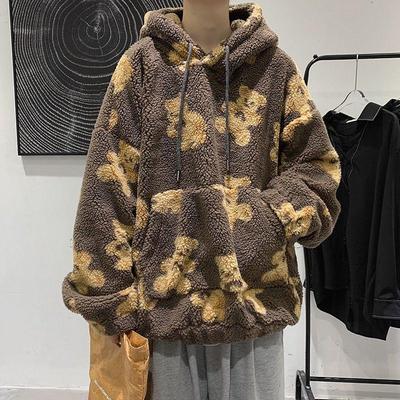 Harajuku דוב הדפס טדי מעיל קטיפה נשים חורף נקבה קוריאני פלאפי מעיל ברדס עבה זוג חם בגדי רחוב בגדי רחוב