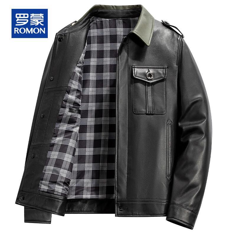 ROMON Men's Genuine Sheepskin Lapel Leather Jacket
