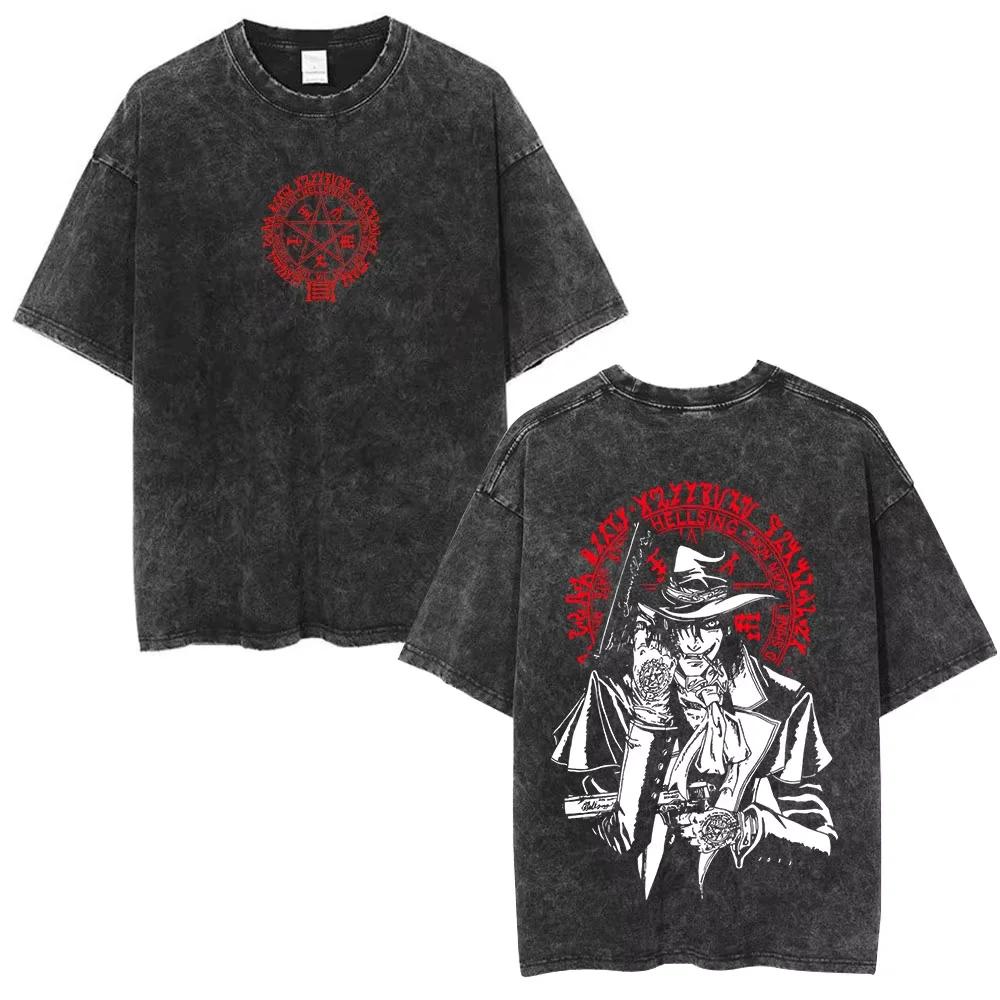 Anime Hellsing Alucard Graphic Washed T Shirt Men Vintage Manga T-shirts Street Cotton Tshirt Harajuku Male Casual Tops