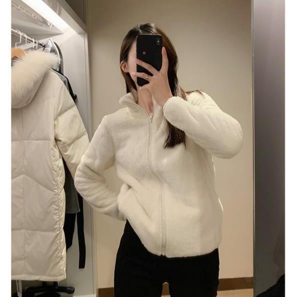 Women's Fleece Stand-Up Collar Autumn/Winter Jacket, Loose Fit, Plus Size, Warm Outdoor Sports Coral Cardigan.