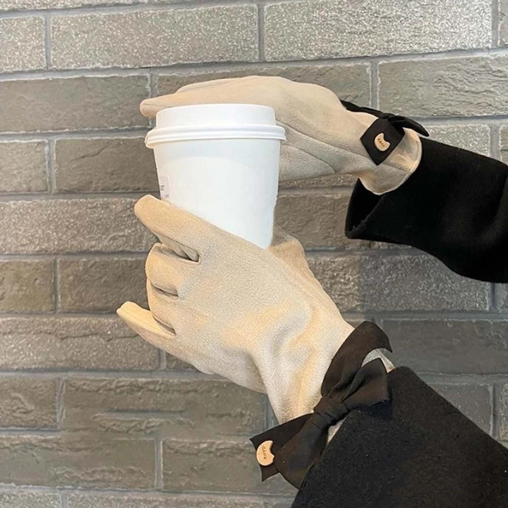 Plush 2 Finger Flip Gloves Bow Thickened Suede Gloves Gift Women Anti-cold Mittens  Cycling