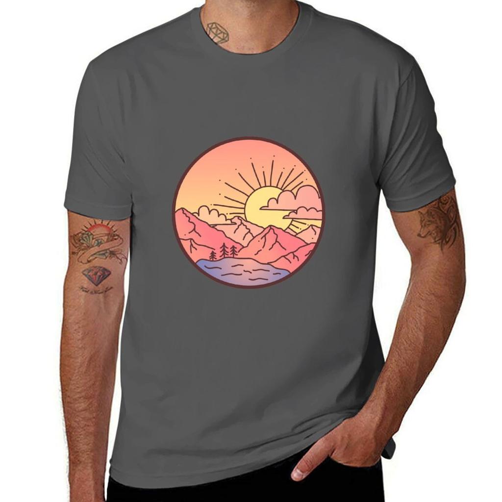 Sunset Mountains Tshirt Basic Solid Color Short Sleeve Cotton Top