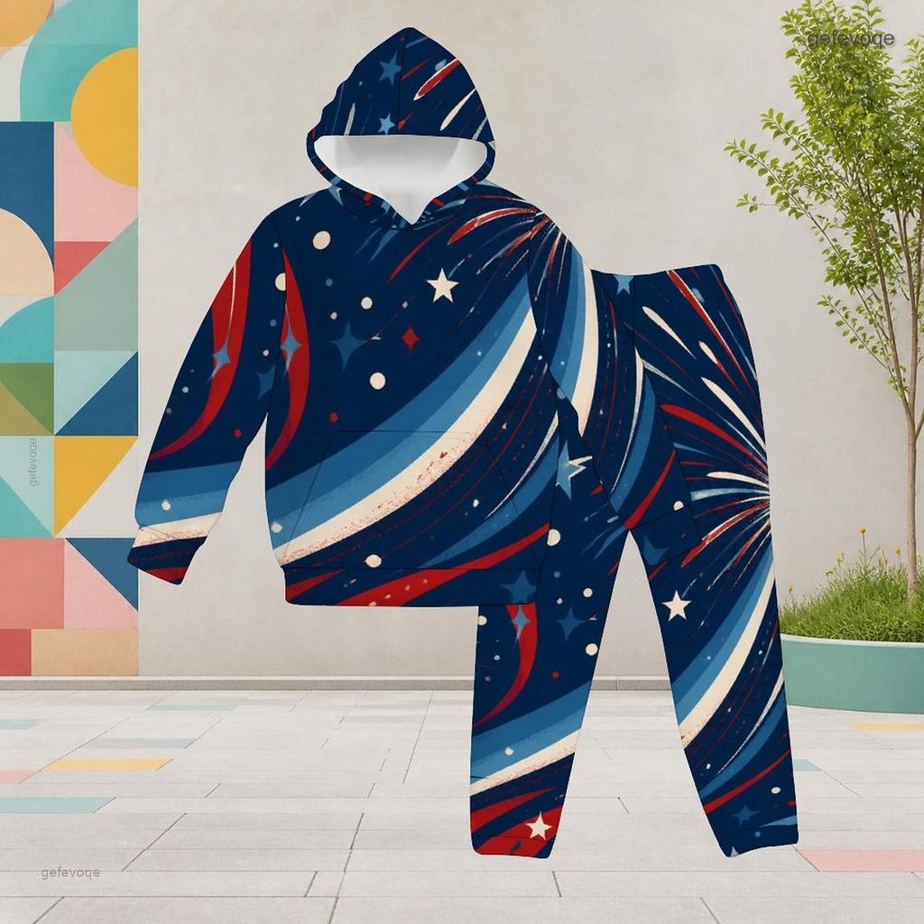 Girls Hooded Long Sleeve Star Firework Printed Dark Blue Two Piece Outfit Kangaroo Pocket Cuffed Pants Set