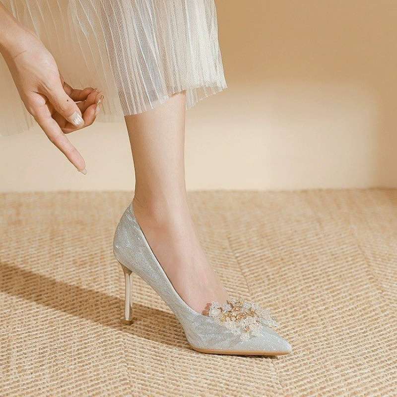 Champagne wedding shoes main wedding dress show two wear toast crystal shoes bride shoes gold engagement stiletto high heels women