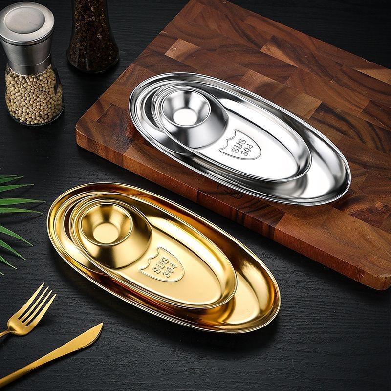 304 Stainless Steel Oval Serving Tray with Divided Dip Section Kitchen Appetizer Dish Snack Plate for Fries and Chicken Nuggets