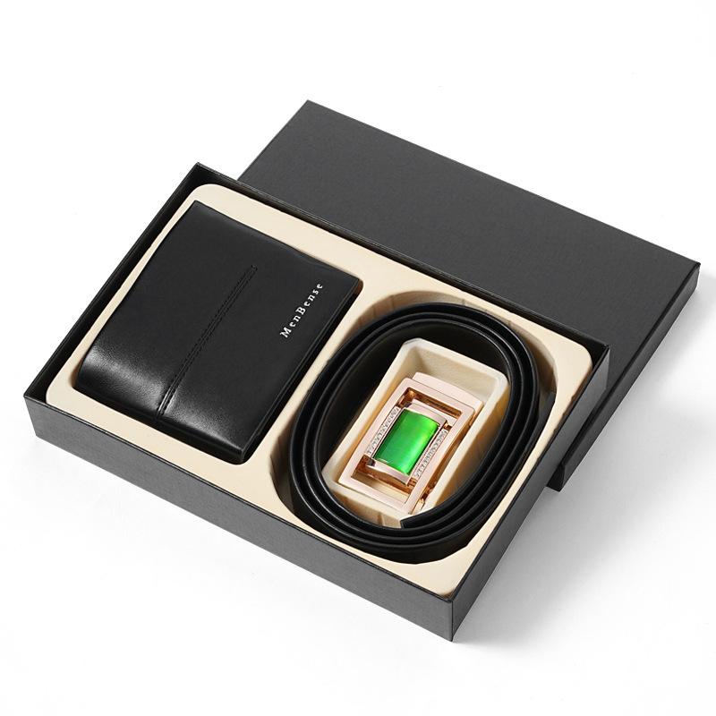 

Подарок Мужской Ремень Кошелек Подарочная Коробка Нефрит Автоматическая Пряжка Брюки Первый Слой Коровья Кожа Ремень Высококлассный Набор 110cm