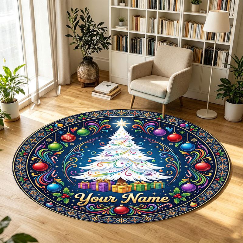 Christmas (45) Theme Circular Crystal Velvet Carpet Customized Name & Text Round Soft Floor Rug For Living Room Bedroom Decor