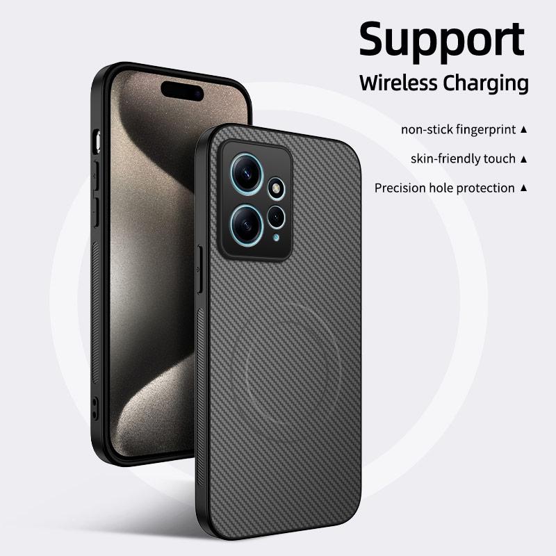 Carbon Fiber Texture Wireless Charging Magnetic Case for Xiaomi Redmi Note 12 Note12 4G ShockProof Phone Cover