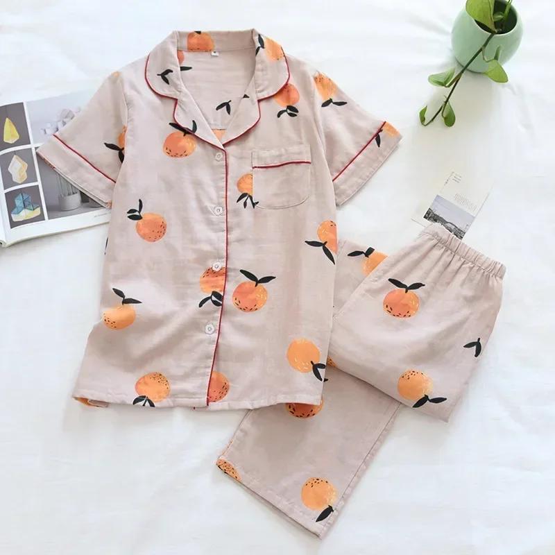 New Spring and Summer Pajamas Two-piece 100% Cotton Gauze Women's Short-sleeved Trousers Home Service Suit Cute and Thin
