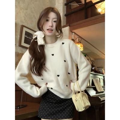 Love Jacquard Knitted Sweater Women's Spring Sweet Age Reduction Inner Bottom Top Loose Crew Neck Sweater