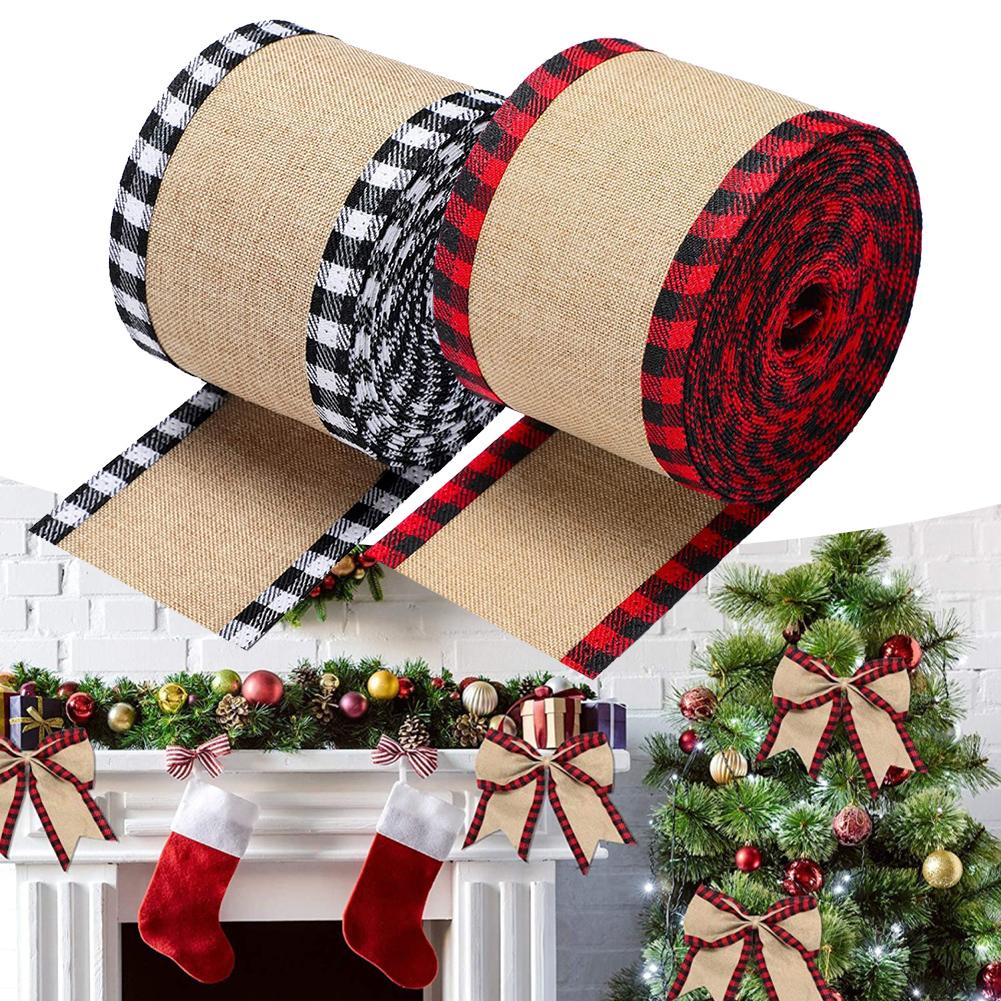 Rustic Style Christmas Ribbon Imitation Linen Ribbon Plaid Edging Ribbon