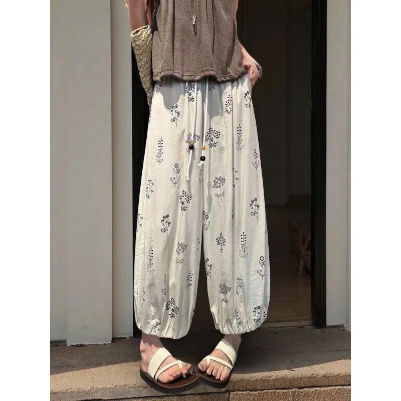 

Женские широкие брюки из хлопка и льна с цветочным принтом, новые летние тонкие шаровары, бабушкины брюки большого размера, льняные брюки гаремы, повседневные XL белый