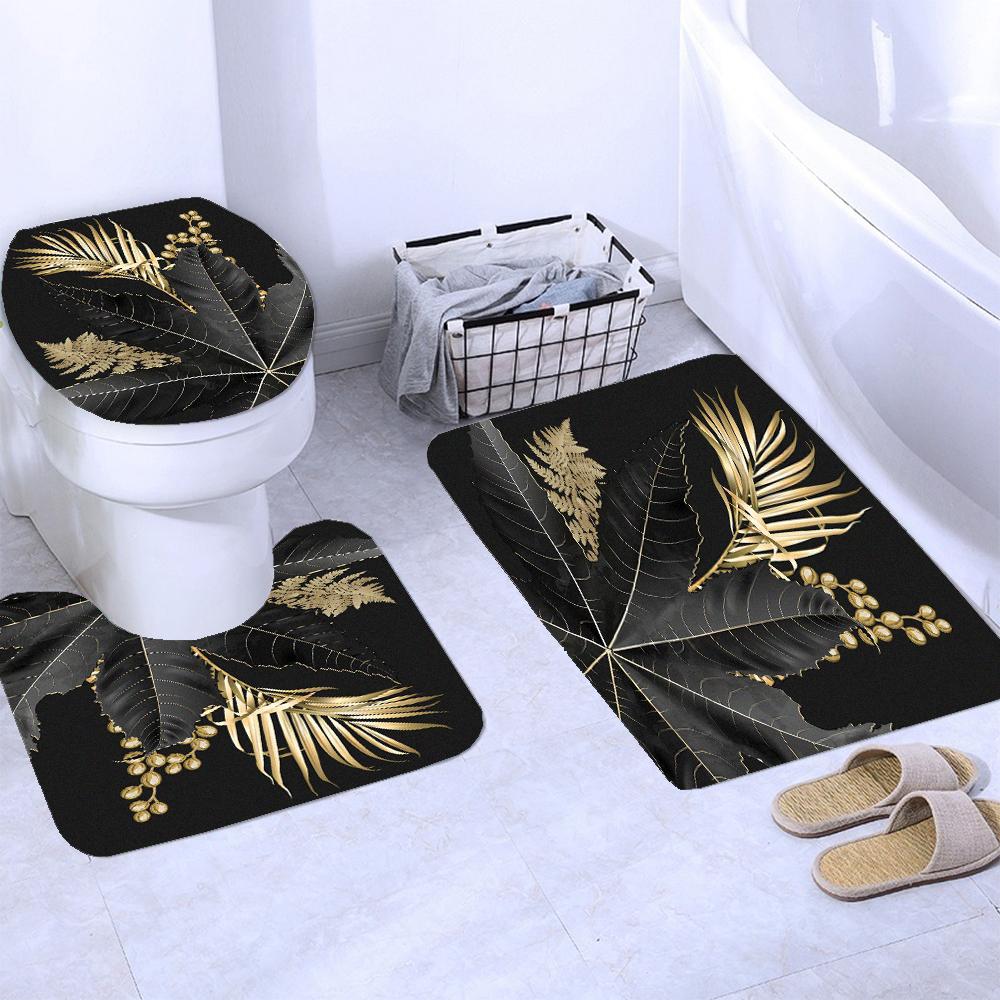 Black and Gold Tropical Plant Palm Leaf Bathroom Shower Curtain Set for Bathtub Exotic Leaves Bath Mats Rugs Toilet Home Decor