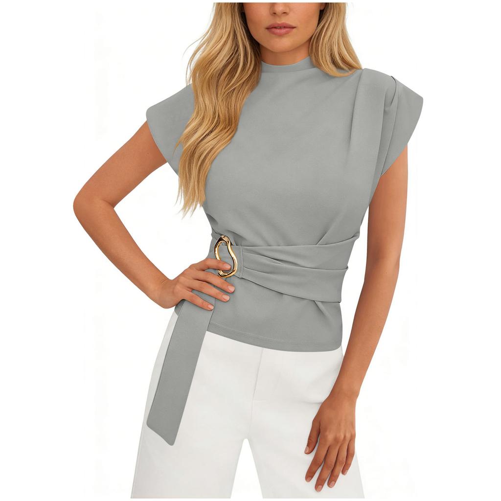 Stylish Women's High-neck Short-sleeved Fitted Top With Buttons In A  Color