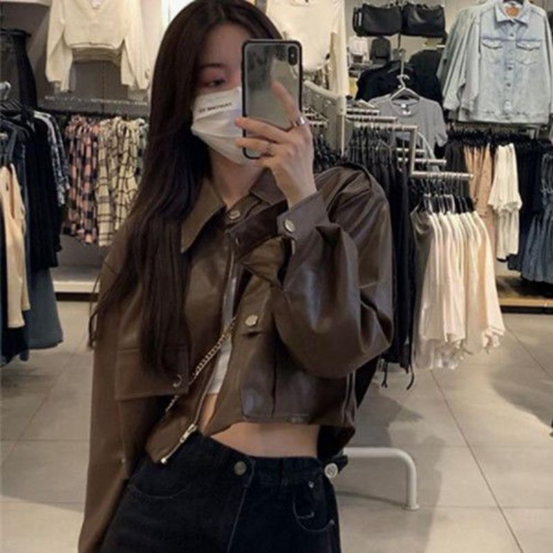 Trendy Biker Jacket Women Short Leather Coat Spring Autumn Winter Fashionable Versatile Outfit Petite Sizes