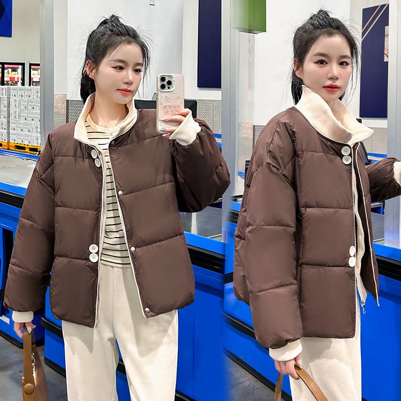 Fake two contrasting knitted patchwork down cotton jacket women's winter 2025 new plus-size design short stand-up collar jacket