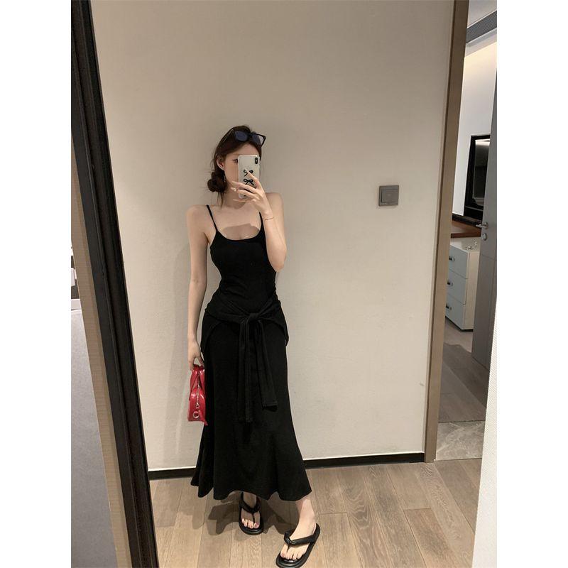 Kumikumi Pure Desire Style Stripe Lace-up Temperament Sling Dress Women Summer Waist Hugging Slimming A- line Skirt Long dress