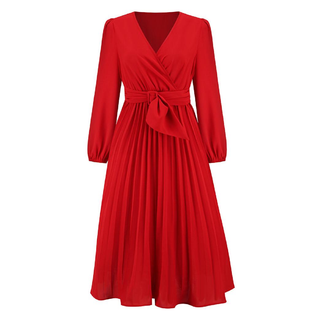 Women's Color Long Sleeved Slim Fitting Pleated Belt V-neck Dress