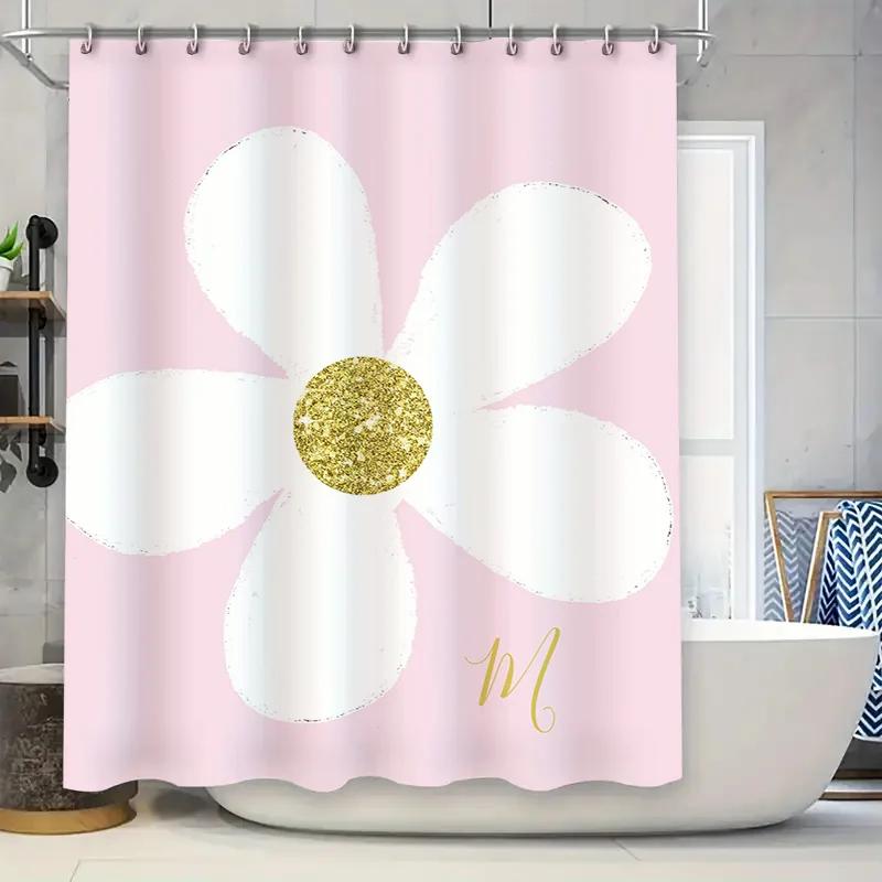 

Chic White Pink Shower Curtain With Glitter Flower Design For Bathroom Decor Initials Monogram Available W60H190(CM)-1 Pcs