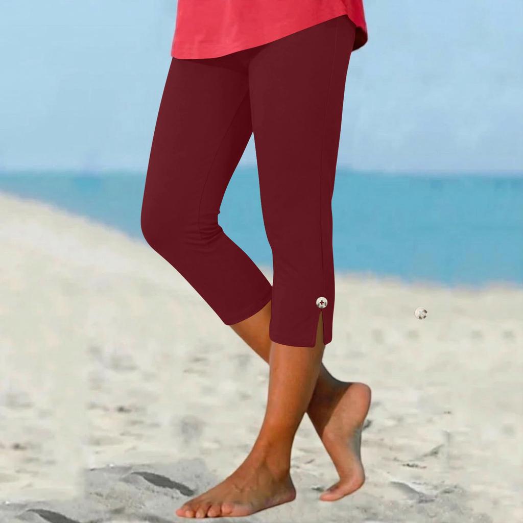 Women's Summer Fashion Color Elastic Waist Sports Yoga Button Casual Cropped Pants