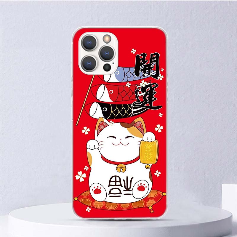 Lucky Cat Maneki Neko Japanese Soft Case For iPhone 16 17 Air 16E 15 Plus 11 12 13 Mini 14 Pro Max Phone Cover Apple 7 8 SE Coqu