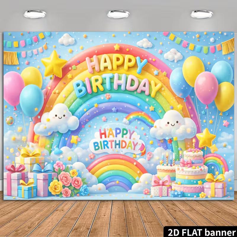 

2D Rainbow Birthday Backdrop, Pastel Clouds & Balloons Backgrou 47.2x31.5inch/120*80cm