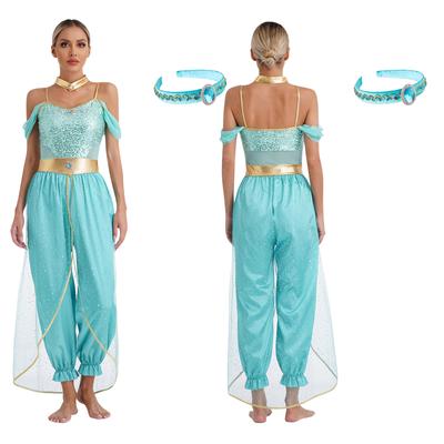 Womens Arabian Princess Outfit Gems Adorned Headband Sequin Rompers and Choker Costume