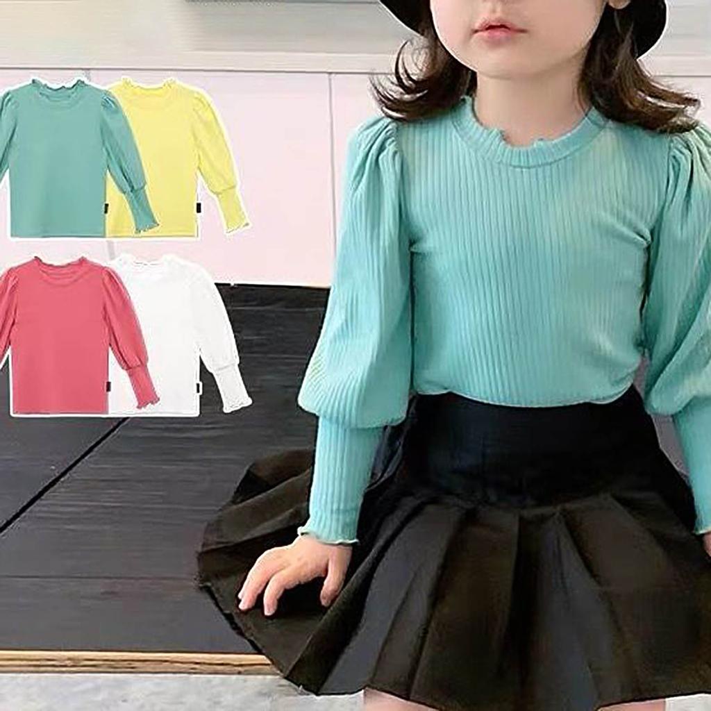 Candy Color Fashion Baby Girls Rib Long Puff Sleeve Irregular Lovely O Neck Spring Autumn Knitted Sweater