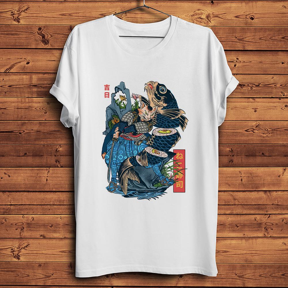 Vintage Edo Samurai Cat Cut Sushi Fish,Funny T-shirt,White Casual Short Sleeve TShirt Unisex Te