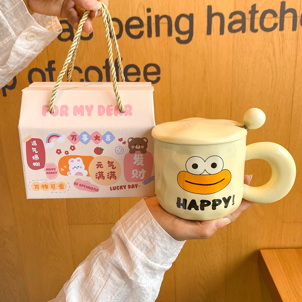 Cute Big Mouth Mug With Lid Spoon Ceramic Cup Girl Couple Water Cup Household Children Breakfast Coffee Cup Man