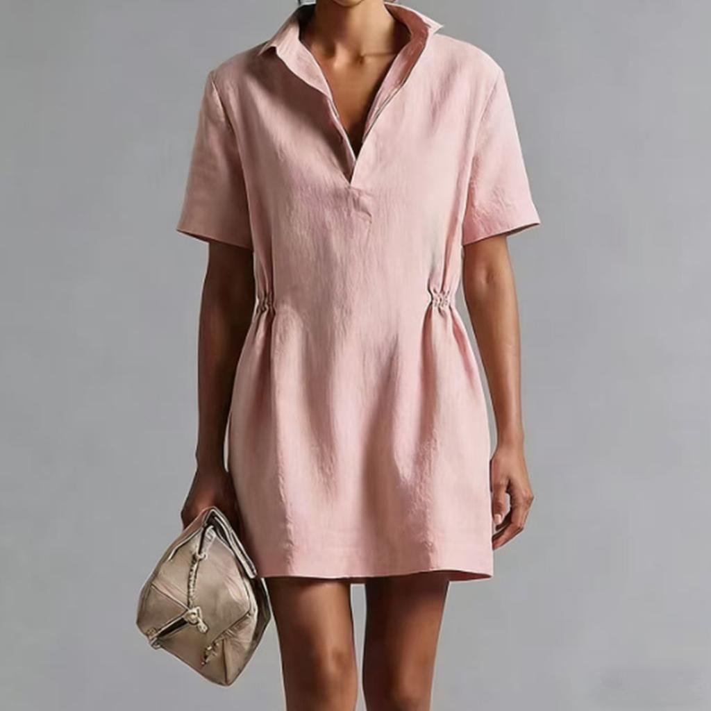 Damen Kurzarm Hemdkleid mit Kragen und Raffung in der Taille Baumwolle Leinen Minilänge Lässig für den Alltag