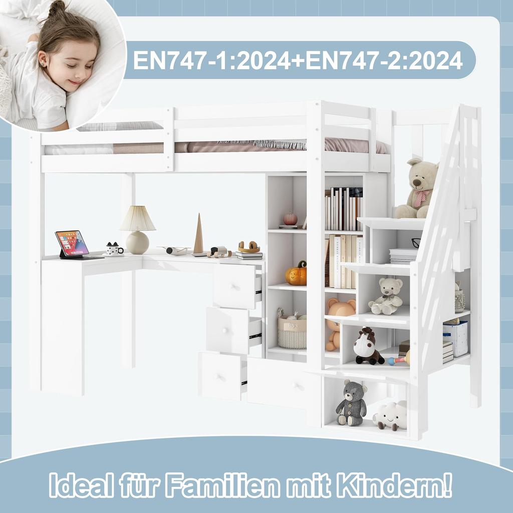 Hochbett 90x200, Kinderbett mit Schreibtisch und Schubladen, Stauraumbett mit Offener Stauschrank und Verstaubare Trittleiter, Bettgestell mit Latt...
