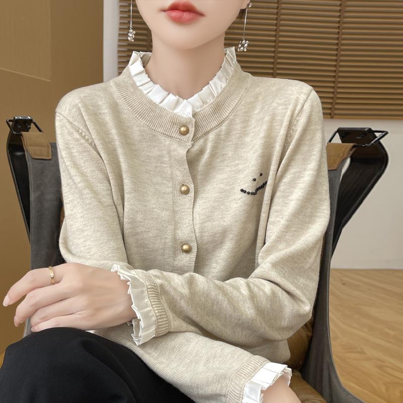 Pullover mit Rundhalsausschnitt Damen Strickjacke Herbst und Winter Holöhrchenkante Strickoberteil